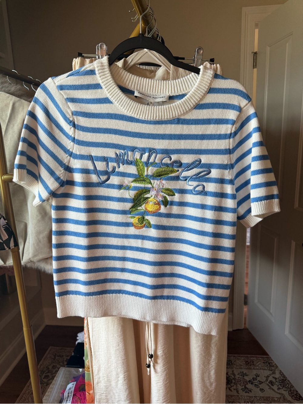English Factory Blue & White Short-Sleeve Sweater with Lemoncello Embroidery